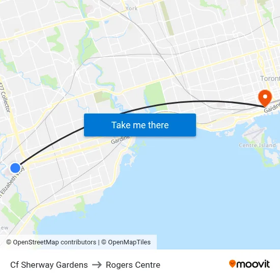 Cf Sherway Gardens to Rogers Centre map