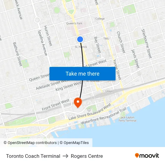 Toronto Coach Terminal to Rogers Centre map
