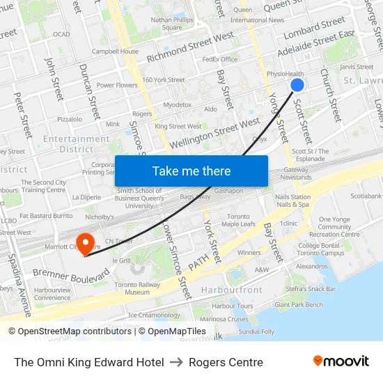 The Omni King Edward Hotel to Rogers Centre map