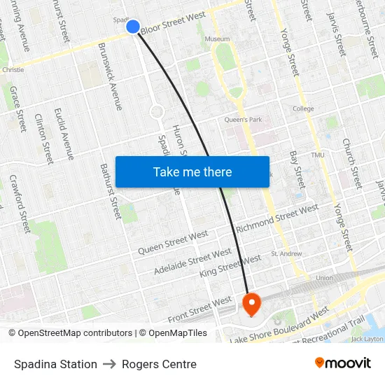 Spadina Station to Rogers Centre map