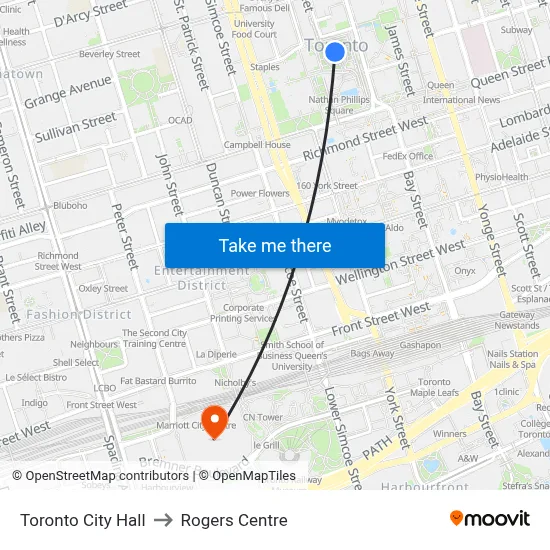 Toronto City Hall to Rogers Centre map