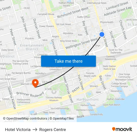 Hotel Victoria to Rogers Centre map