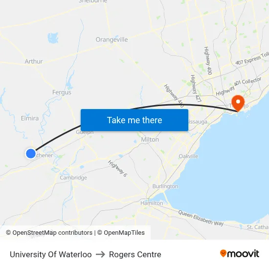 University Of Waterloo to Rogers Centre map