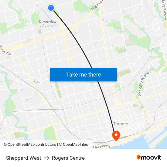 Sheppard West to Rogers Centre map