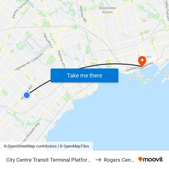 City Centre Transit Terminal Platform A to Rogers Centre map
