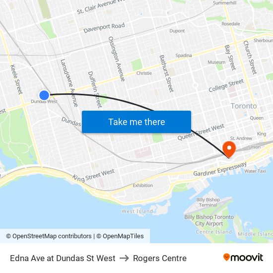 Edna Ave at Dundas St West to Rogers Centre map