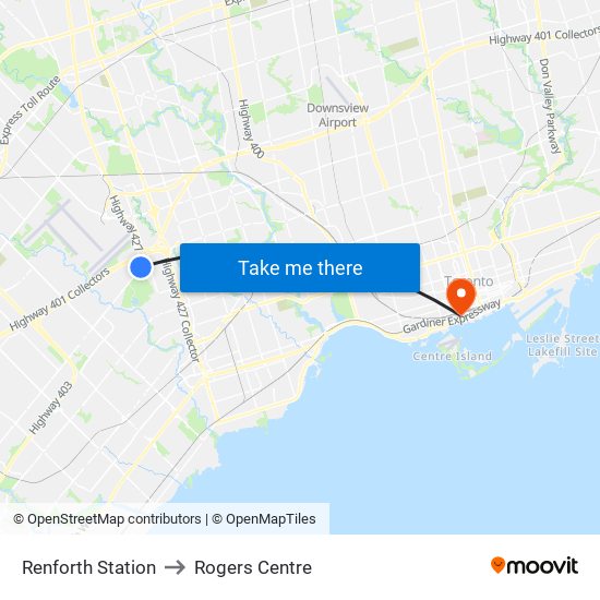 Renforth Station to Rogers Centre map