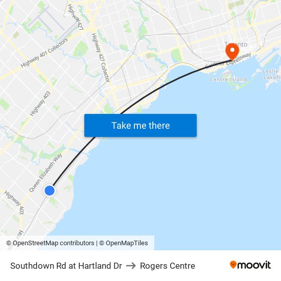 Southdown Rd at Hartland Dr to Rogers Centre map