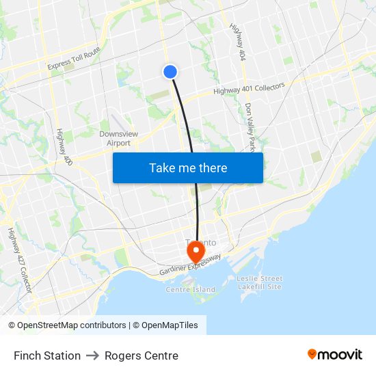 Finch Station to Rogers Centre map