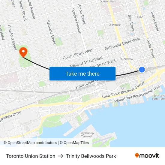 Toronto Union Station to Trinity Bellwoods Park map