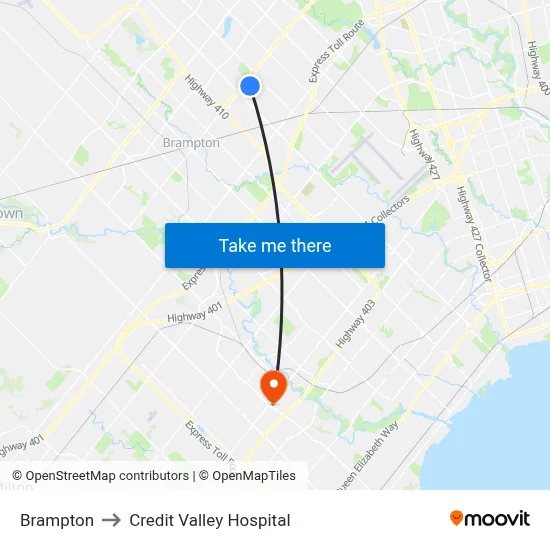 Brampton to Credit Valley Hospital map