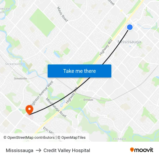 Mississauga to Credit Valley Hospital map