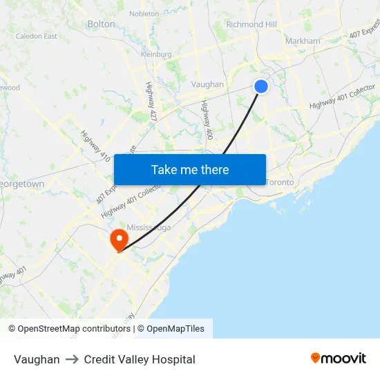 Vaughan to Credit Valley Hospital map
