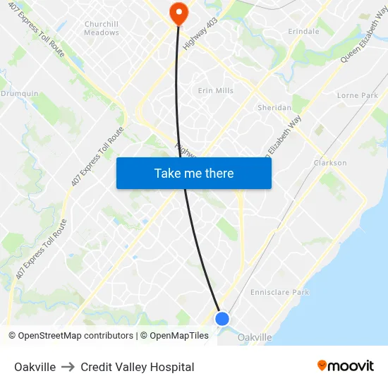 Oakville to Credit Valley Hospital map