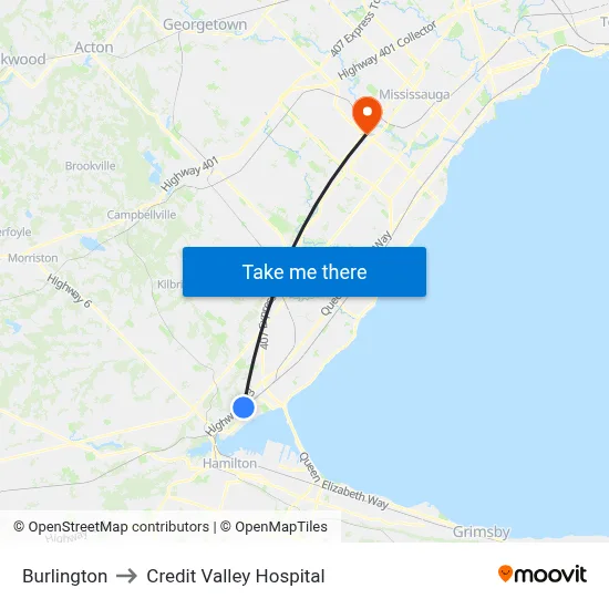 Burlington to Credit Valley Hospital map