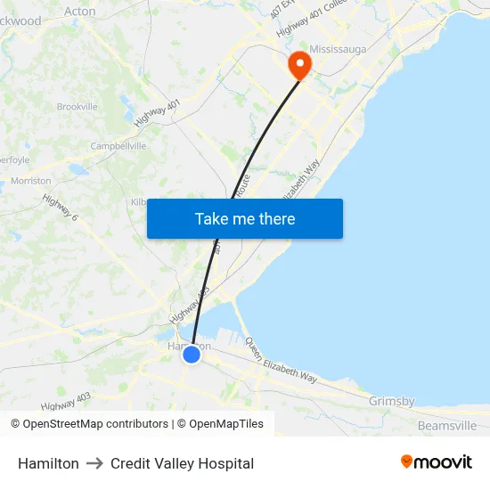 Hamilton to Credit Valley Hospital map