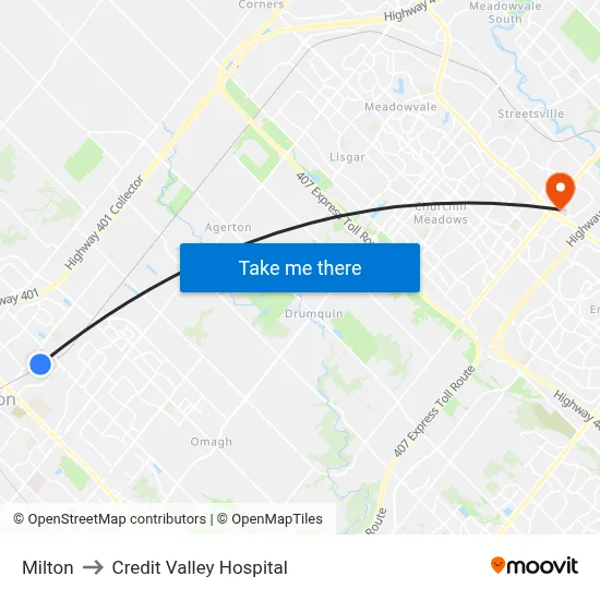 Milton to Credit Valley Hospital map