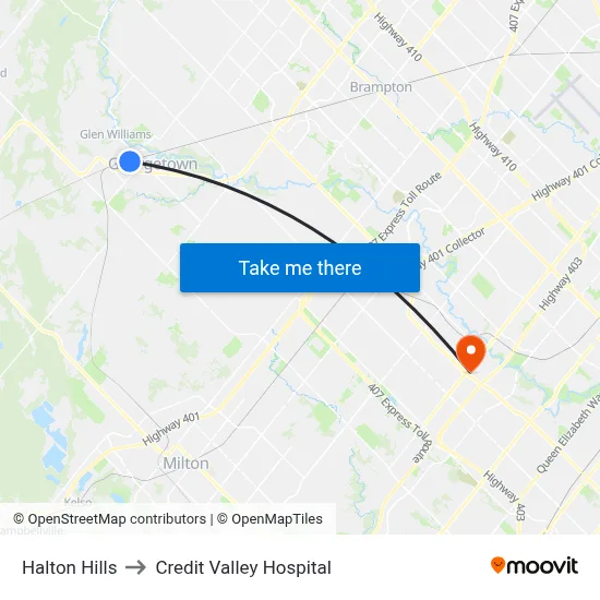Halton Hills to Credit Valley Hospital map