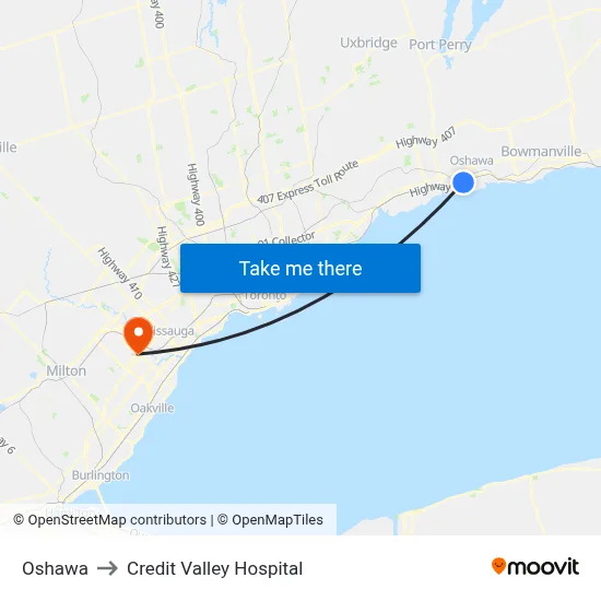 Oshawa to Credit Valley Hospital map
