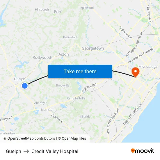 Guelph to Credit Valley Hospital map