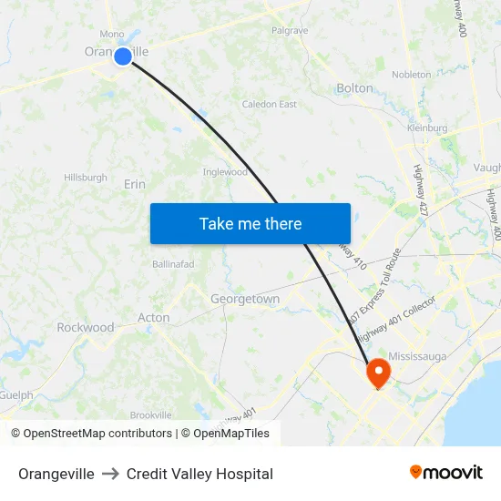 Orangeville to Credit Valley Hospital map