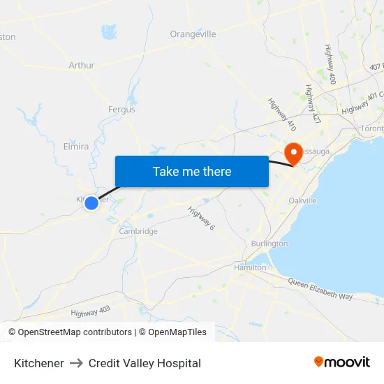 Kitchener to Credit Valley Hospital map
