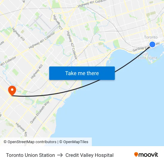 Toronto Union Station to Credit Valley Hospital map