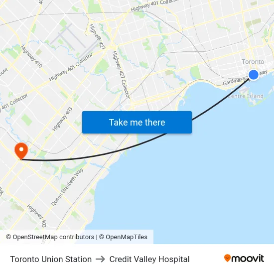 Toronto Union Station to Credit Valley Hospital map