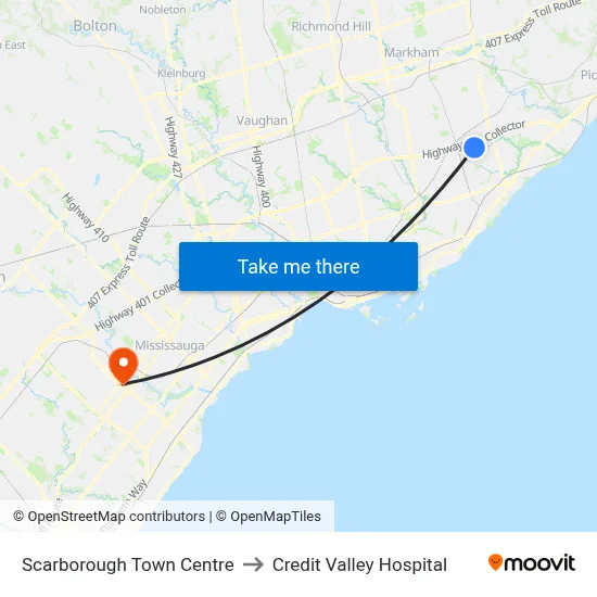 Scarborough Town Centre to Credit Valley Hospital map