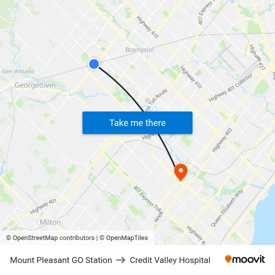 Mount Pleasant GO Station to Credit Valley Hospital map