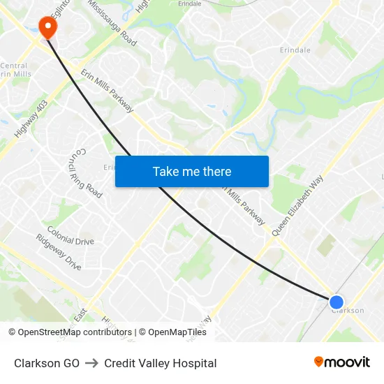 Clarkson GO to Credit Valley Hospital map