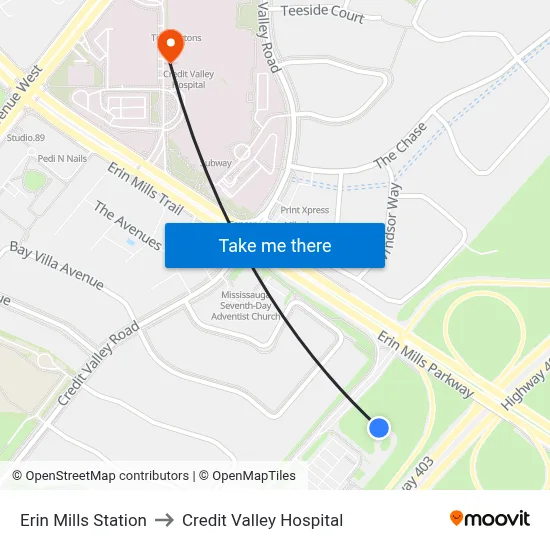 Erin Mills Station to Credit Valley Hospital map