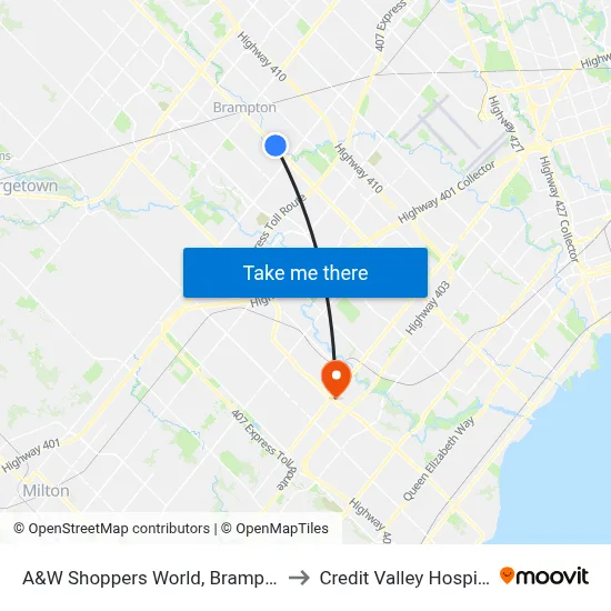 A&W Shoppers World, Brampton to Credit Valley Hospital map