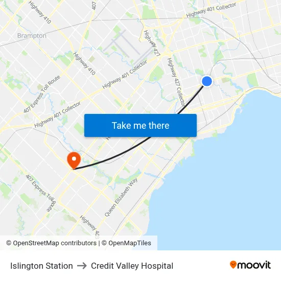 Islington Station to Credit Valley Hospital map