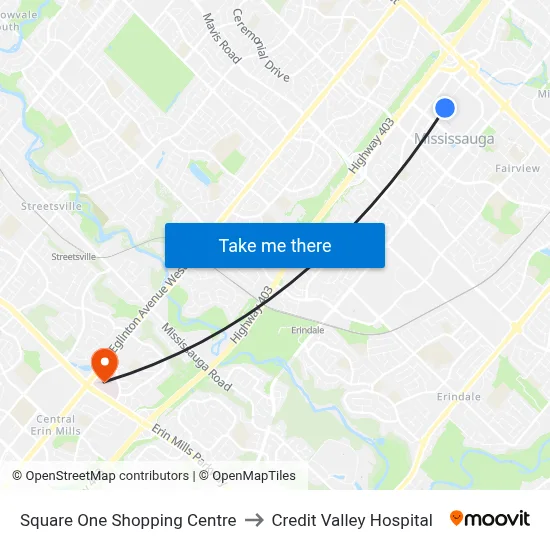 Square One Shopping Centre to Credit Valley Hospital map