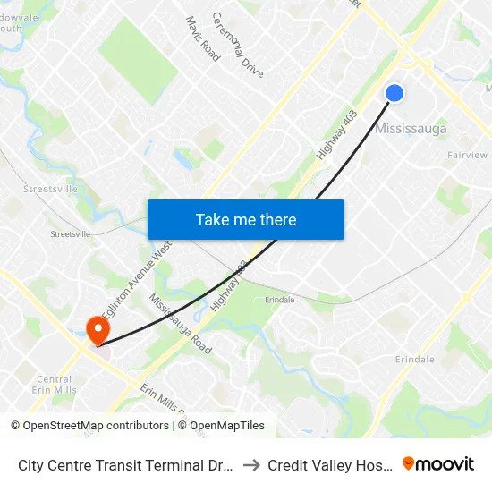 City Centre Transit Terminal Drop Off to Credit Valley Hospital map