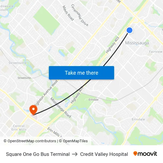 Square One Go Bus Terminal to Credit Valley Hospital map