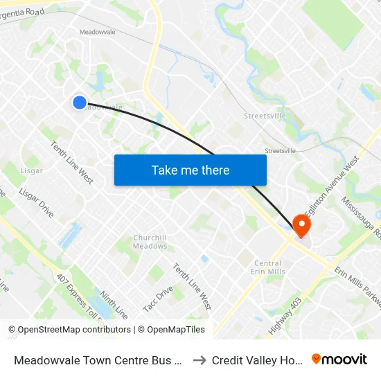 Meadowvale Town Centre Bus Terminal to Credit Valley Hospital map