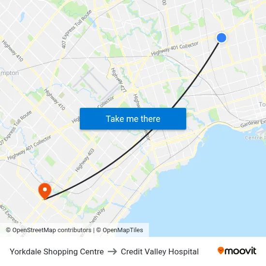 Yorkdale Shopping Centre to Credit Valley Hospital map