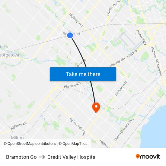 Brampton Go to Credit Valley Hospital map