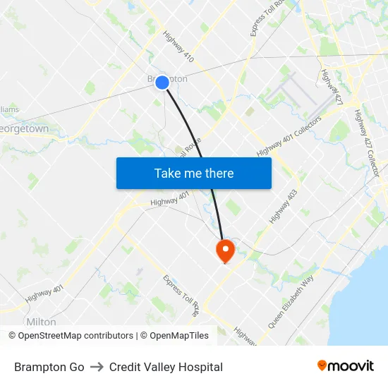 Brampton Go to Credit Valley Hospital map