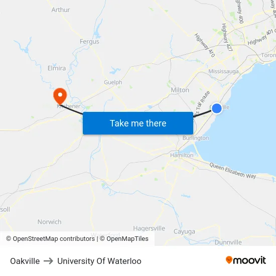 Oakville to University Of Waterloo map