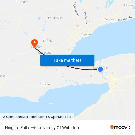 Niagara Falls to University Of Waterloo map