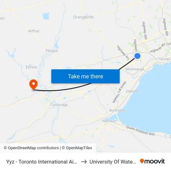 Yyz - Toronto International Airport to University Of Waterloo map