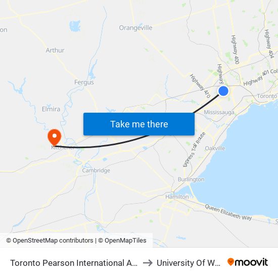 Toronto Pearson International Airport (Yyz) to University Of Waterloo map