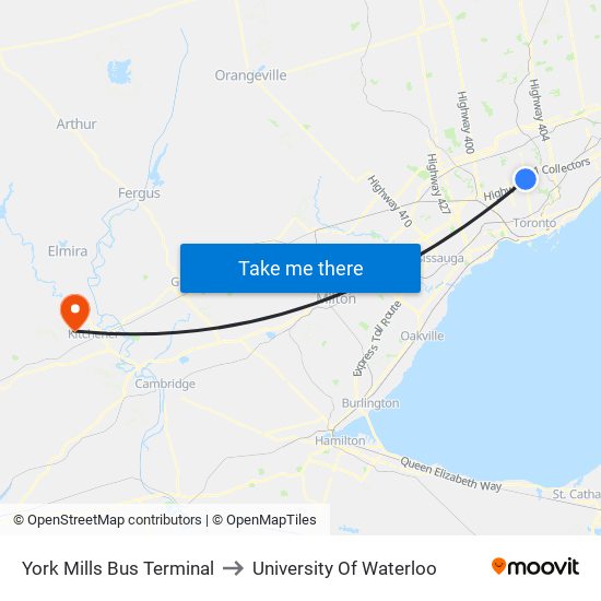 York Mills Bus Terminal to University Of Waterloo map