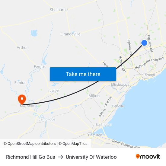 Richmond Hill Go Bus to University Of Waterloo map