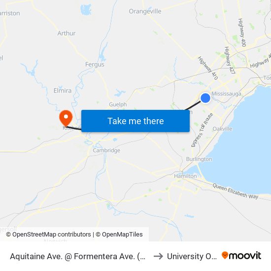 Aquitaine Ave. @ Formentera Ave. (Meadowvale Town Centre) to University Of Waterloo map