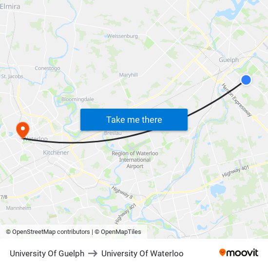 University Of Guelph to University Of Waterloo map