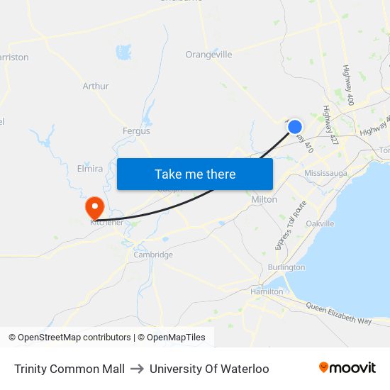 Trinity Common Mall to University Of Waterloo map